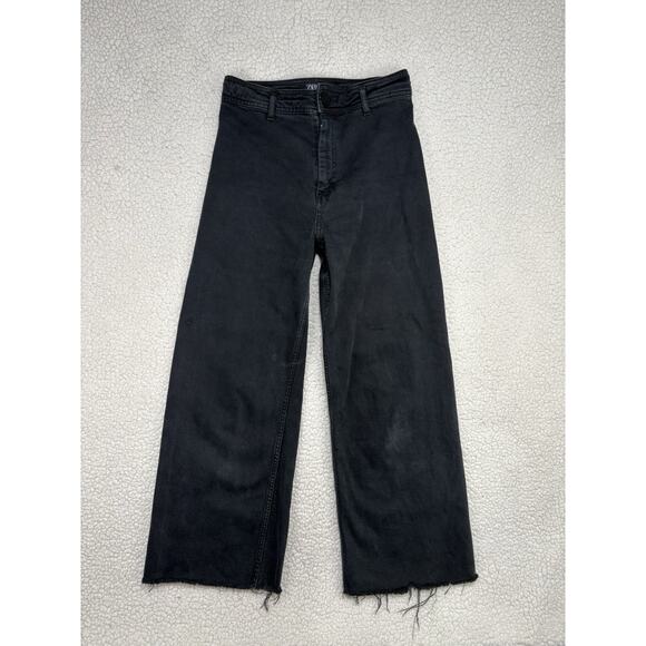 Zara Patch Pockets Marine Straight Wide Leg Jeans Womens Size 4 Black Raw Hem - Picture 1 of 7